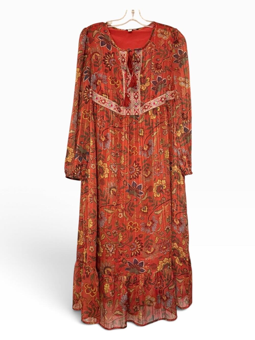 Frye & Co Size S Red Paisley Boho Maxi Dress Long Sleeve Western Festival